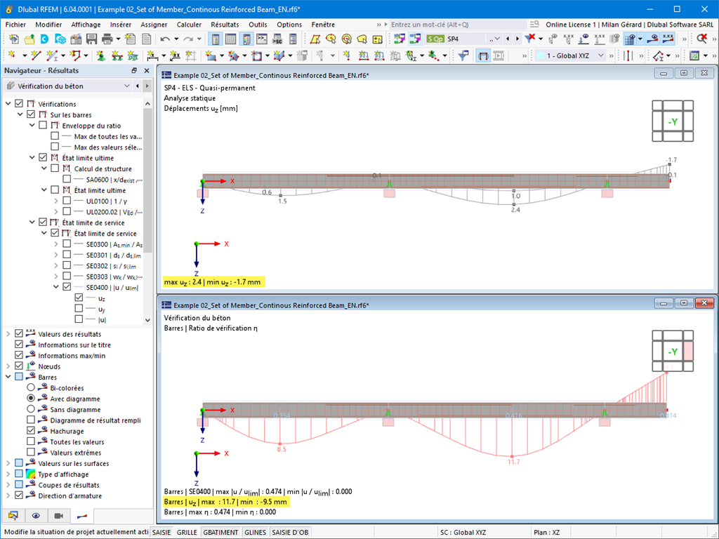 Affichage de la déformation linéaire élastique et fissurée dans les sections en béton armé, avec mise en avant de l’unité 1 et 2.