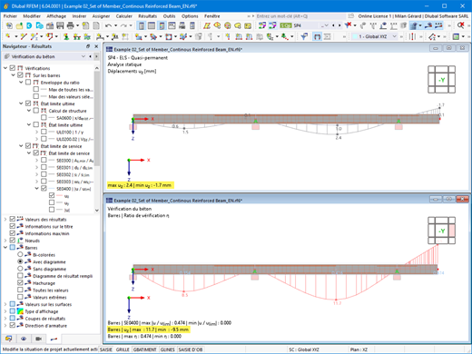 Affichage de la déformation linéaire élastique et fissurée dans les sections en béton armé, avec mise en avant de l’unité 1 et 2.