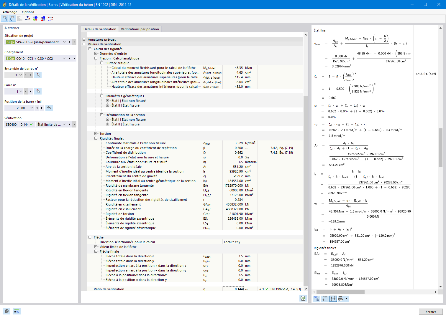 Déformation des éléments béton en état II avec tension stiffening conforme aux normes