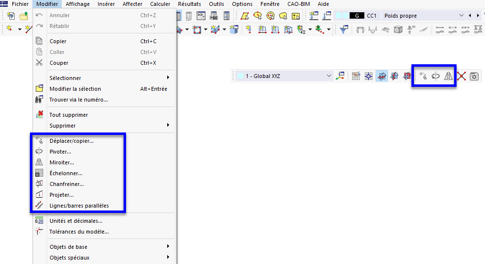 Outils de modélisation dans le menu « Modifier » et boutons dans la barre d’outils