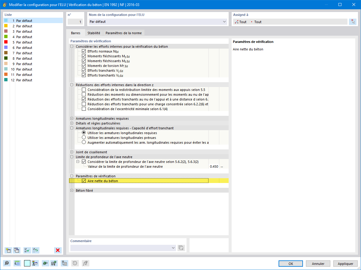 Vérification du béton armé avec option d’utilisation de la section brute dans les structures à haute ferrraillage.
