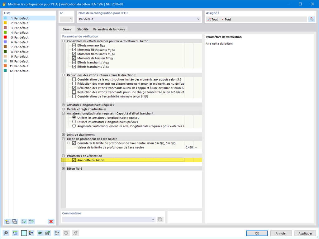 Vérification du béton armé avec option d’utilisation de la section brute dans les structures à haute ferrraillage.