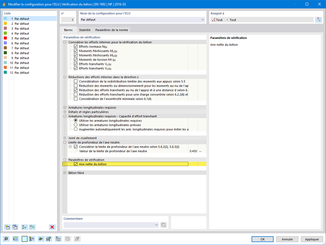 Vérification du béton armé avec option d’utilisation de la section brute dans les structures à haute ferrraillage.