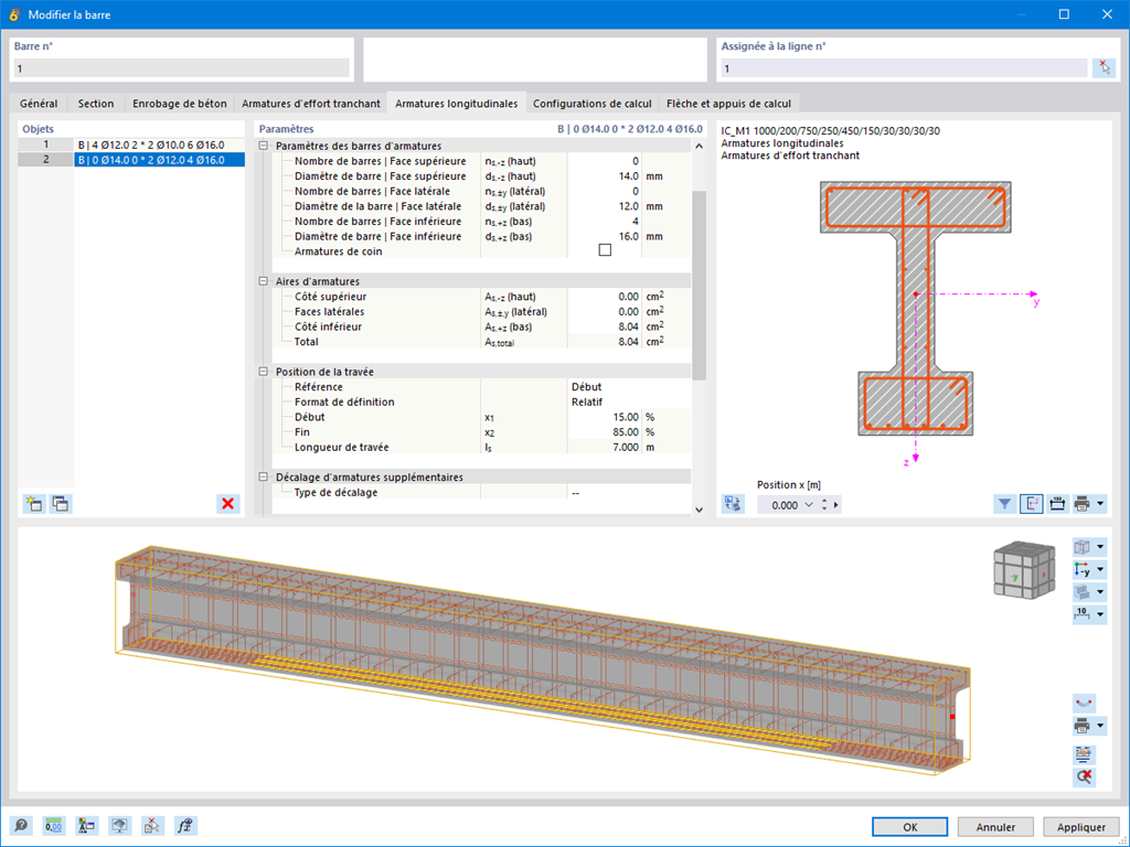 Affichage graphique de la disposition des armatures transversales et longitudinales pour les barres en béton, y compris les entrées d’armature spécifiques dans un outil CAO.