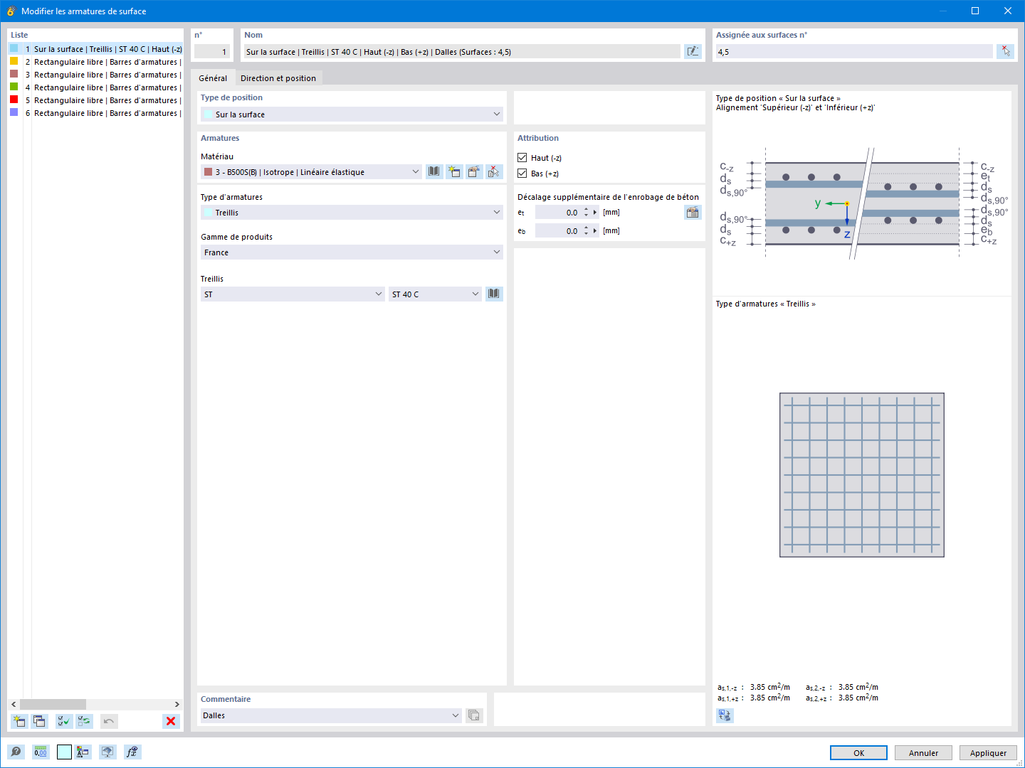 Vérification du béton : définition et modification d’éléments d’armature de surface. Fonctions de copie, miroir et rotation des armatures disponibles.