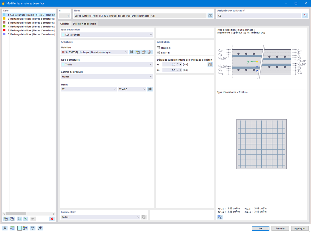 Vérification du béton : définition et modification d’éléments d’armature de surface. Fonctions de copie, miroir et rotation des armatures disponibles.