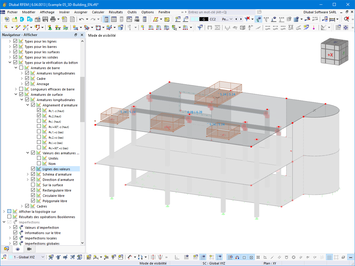 Affichage des armatures de surface avec des quantités spécifiques dans la vérification du béton.