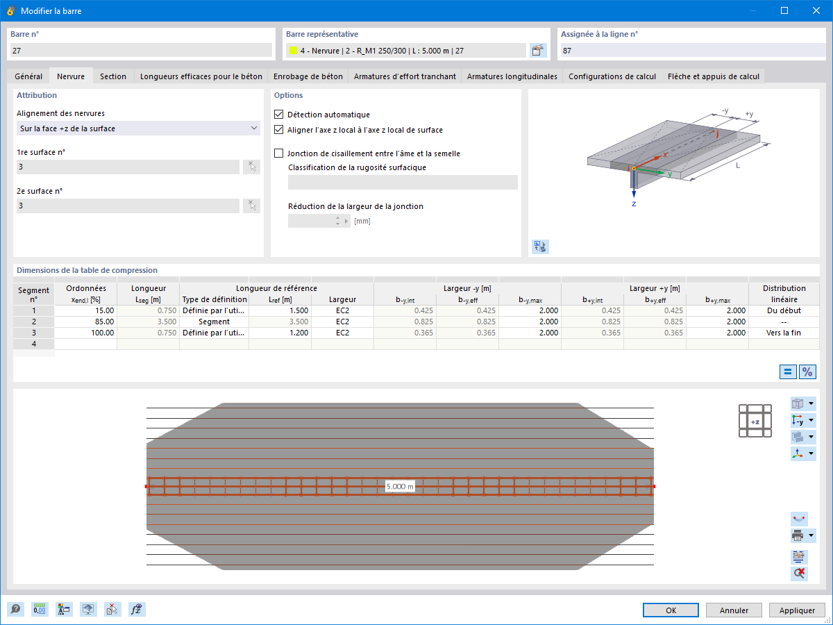 Définissez des largeurs de semelle individuelles pour les nervures en T par segments. Intégration de l’armature surfacique.