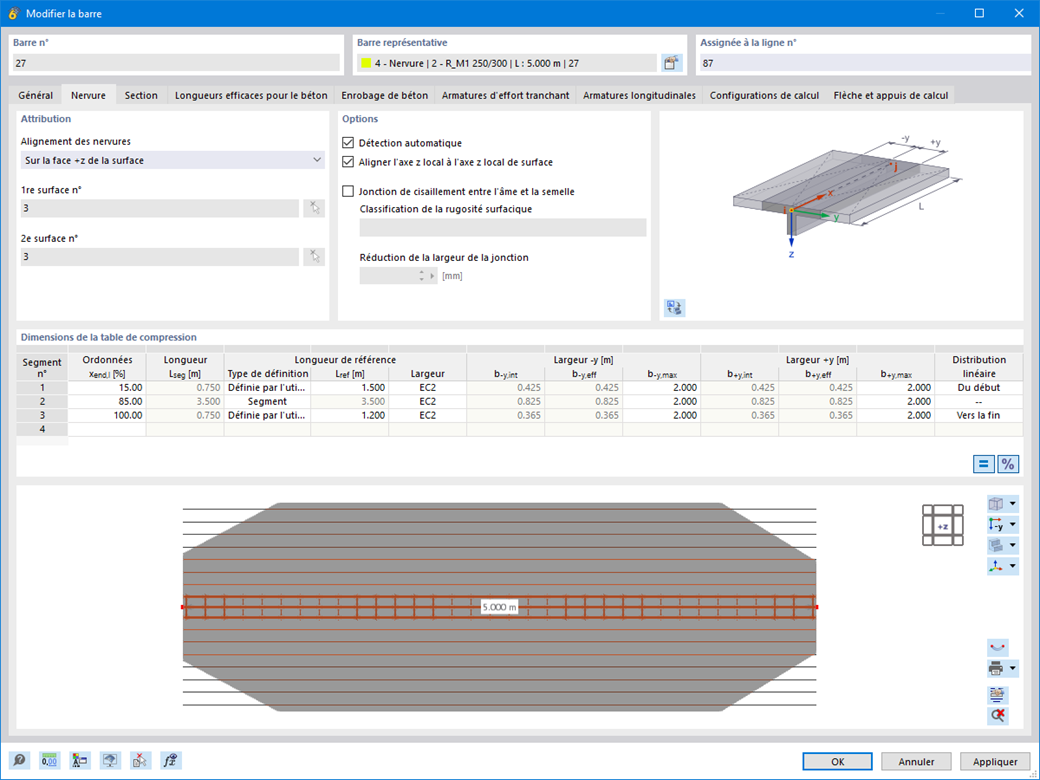 Définissez des largeurs de semelle individuelles pour les nervures en T par segments. Intégration de l’armature surfacique.