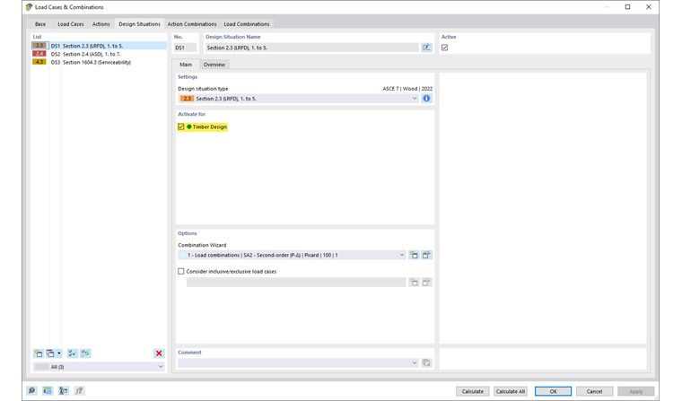 Activation de la situation de projet pour la vérification du bois