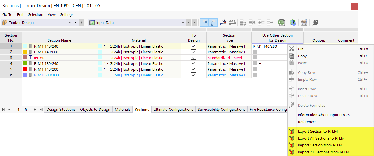 Menu contextuel en cas d’utilisation de sections différentes