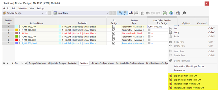 Menu contextuel en cas d’utilisation de sections différentes