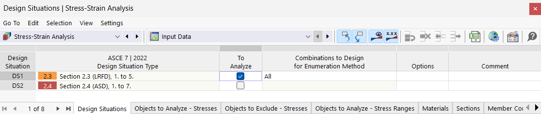Tableau "Situations de calcul" pour analyse contrainte-déformation