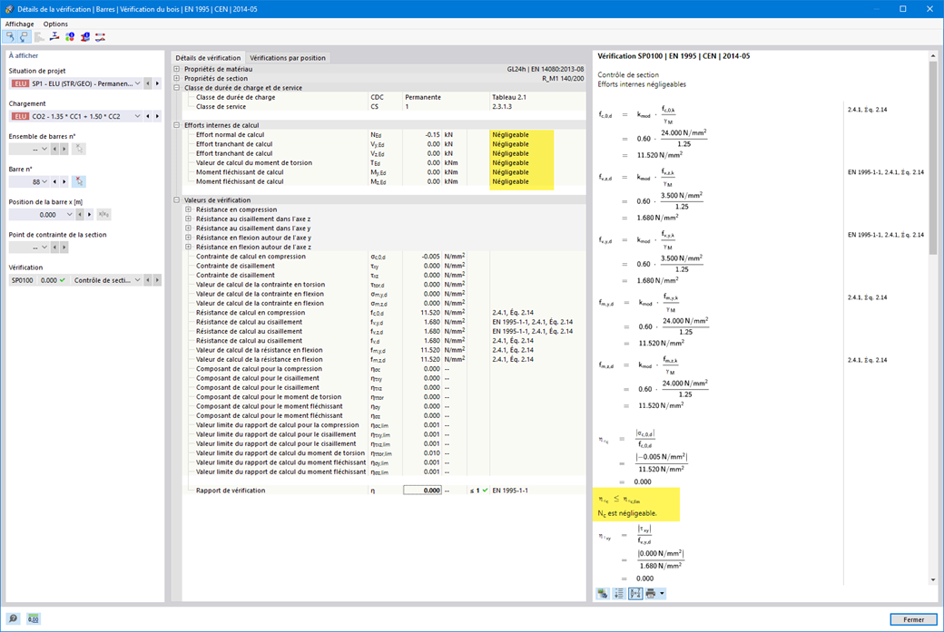 Vérification du bois - Détails du calcul pour les efforts internes négligeables
