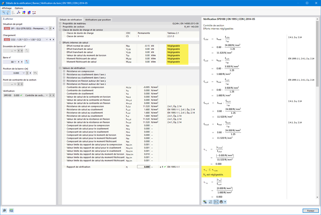 Vérification du bois - Détails du calcul pour les efforts internes négligeables