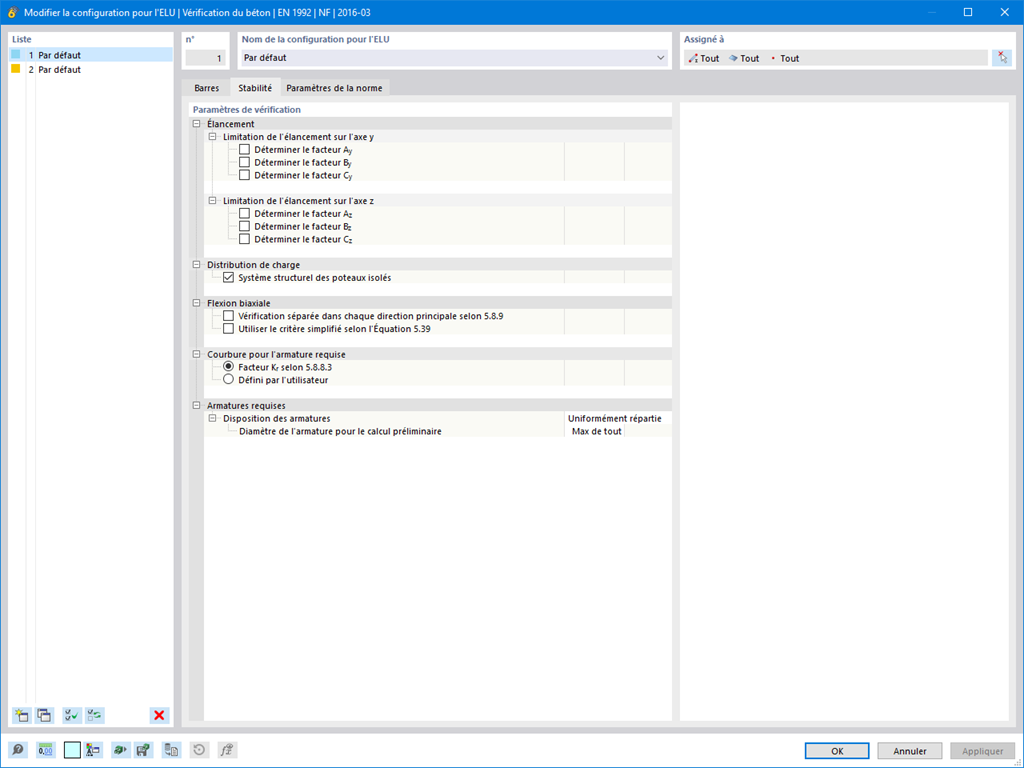 Configurations de calcul pour la stabilité