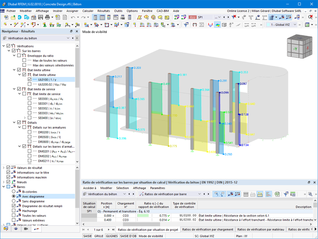 Visualisation de l'utilisation de section des poteaux en béton dans le cadre du processus de calcul de RFEM.