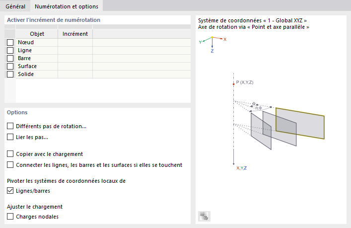 Définir la rotation pour les systèmes de coordonnées et le chargement