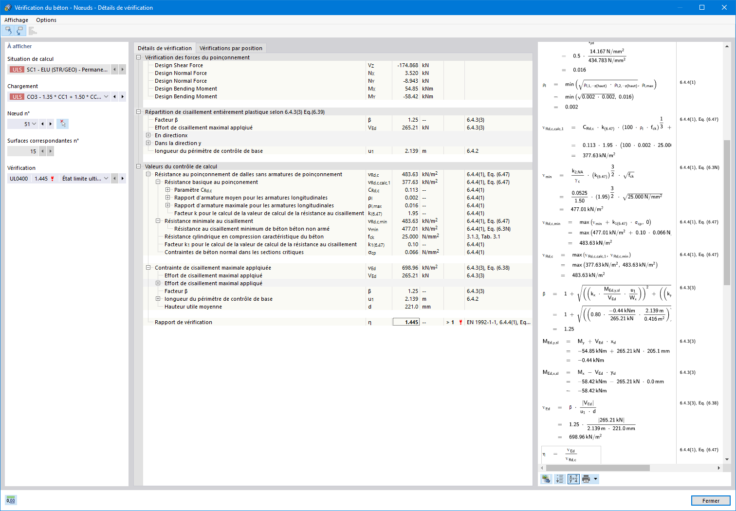Détails de vérification du calcul au poinçonnement