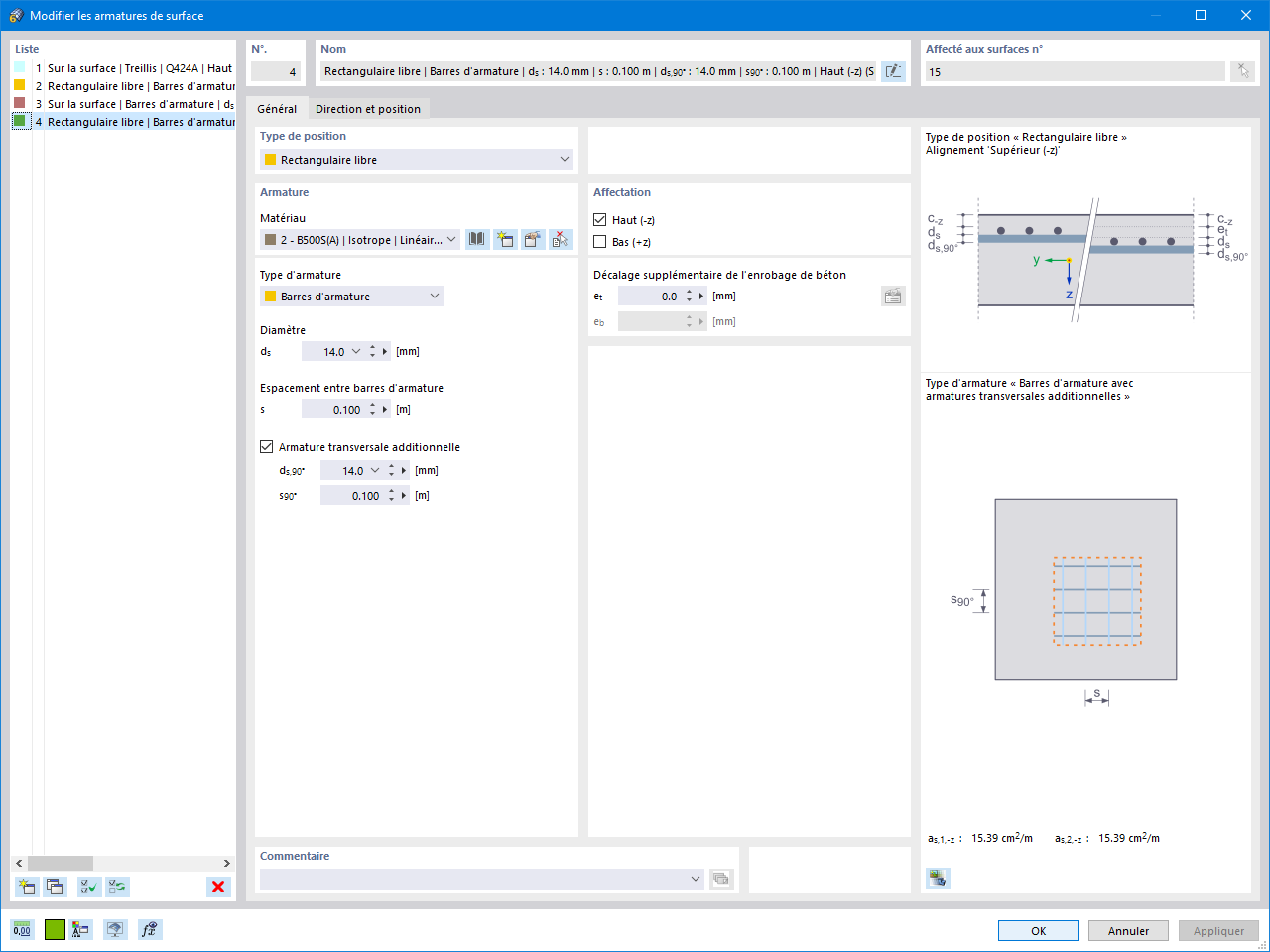 Définition des armatures longitudinales additionnelles