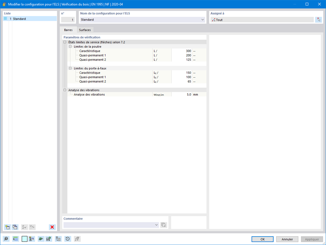Représentation de la boîte de dialogue de modification de la configuration pour l’ELU selon l’EN 1995 dans l’interface logicielle.