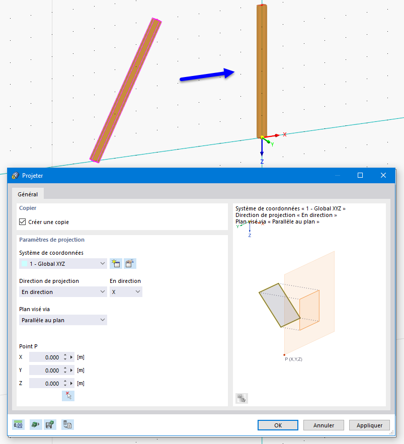 Projeter la barre dans la direction X dans le plan