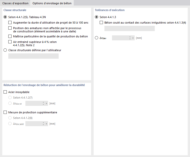 Options d’enrobage de béton pour l’EN 1992 (CEN)
