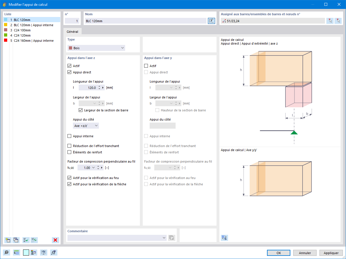 La boîte de dialogue montre les paramètres pour la vérification de pression sous appui pour la vérification du bois avec des options pour ajuster les appuis et les paramètres.