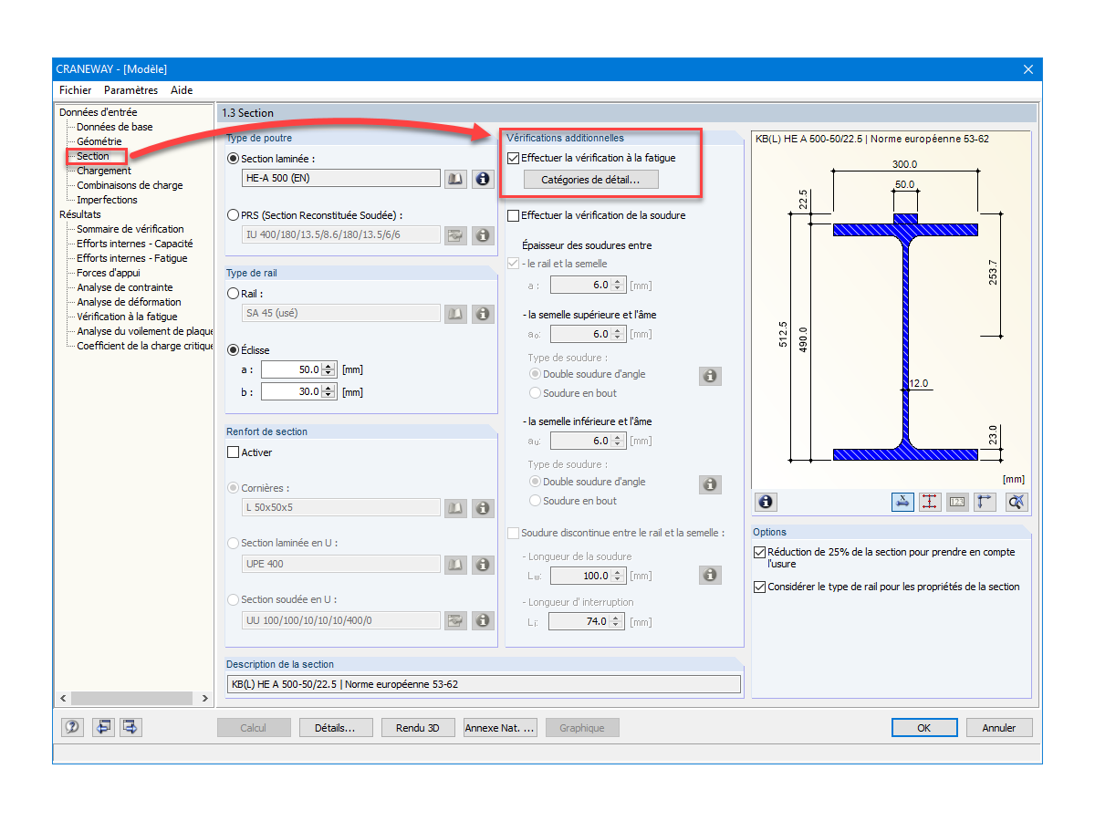 FAQ 005169 | Où l'activation de la vérification à la fatigue est-elle accessible dans le programme CRANEWAY ?