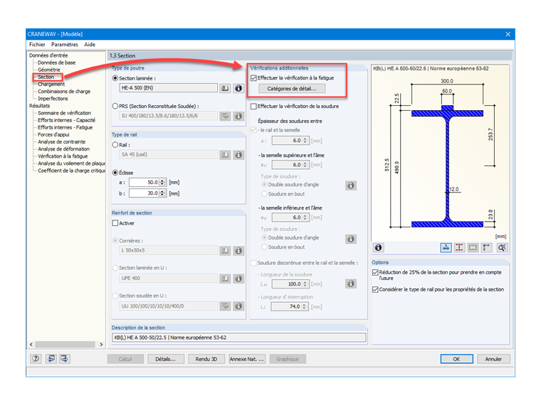 FAQ 005169 | Où l'activation de la vérification à la fatigue est-elle accessible dans le programme CRANEWAY ?