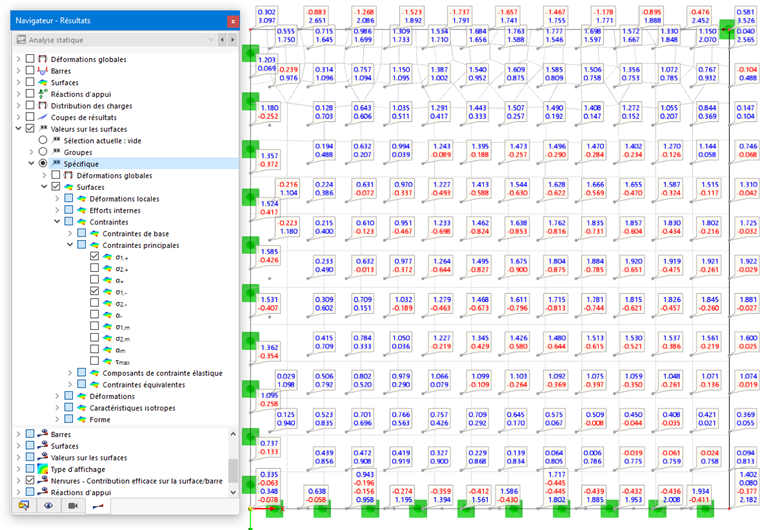 Affichage des valeurs des contraintes principales pour les faces de surface positives et négatives