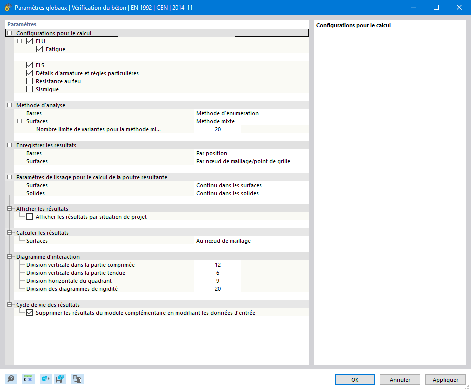 Boîte de dialogue « Paramètres globaux » pour le vérification du béton selon l’EN 1992