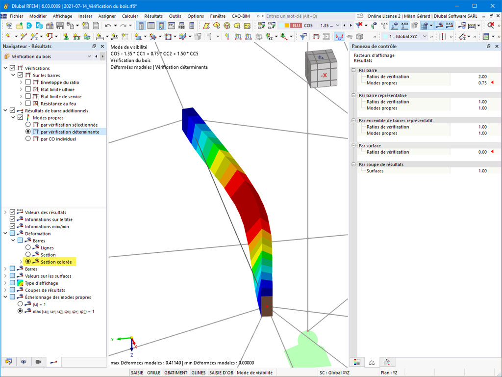 Affichage du mode propre déterminant pour la vérification du déversement.