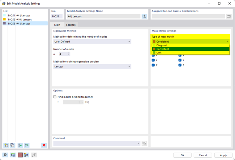 Sélection du type de matrice de masse