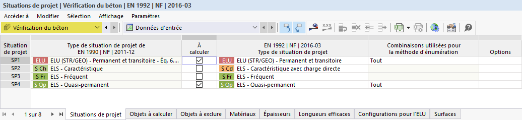 Définition des situations de projet pour la vérification du béton