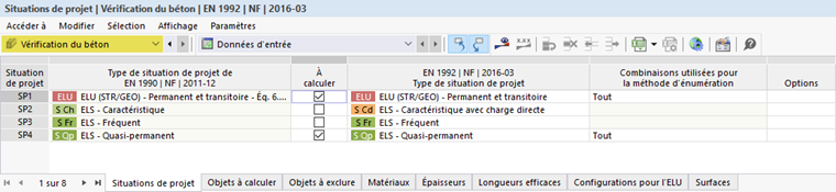Définition des situations de projet pour la vérification du béton