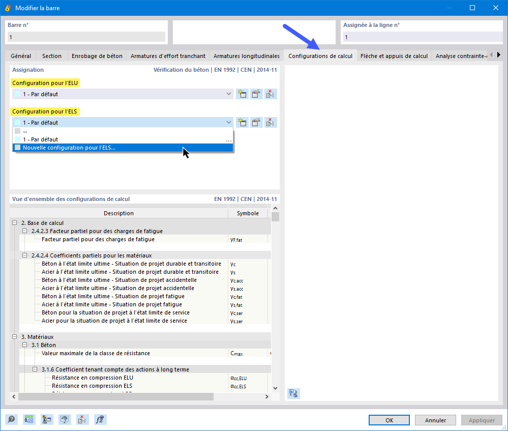 Attribution des configurations de calcul pour l’état limite ultime et de service à la barre