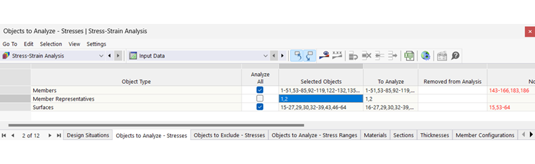 Tableau "Objets à analyser - Contraintes" pour calcul contrainte-déformation
