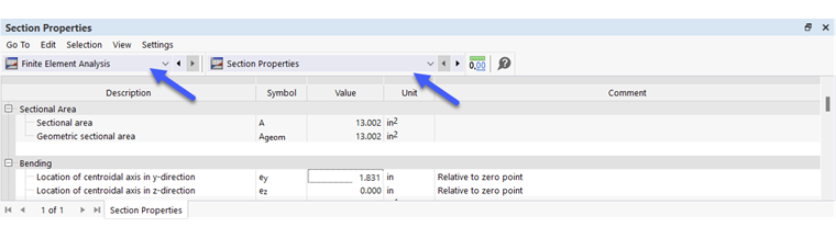 Tableaux pour la catégorie « Analyse de structures à paroi mince » et la sous-catégorie « Propriétés de section »