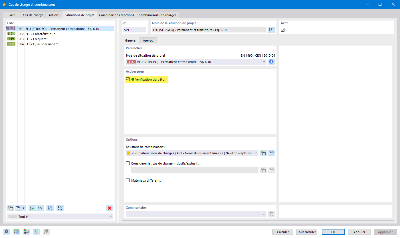 Activation de la situation de projet pour la vérification du béton