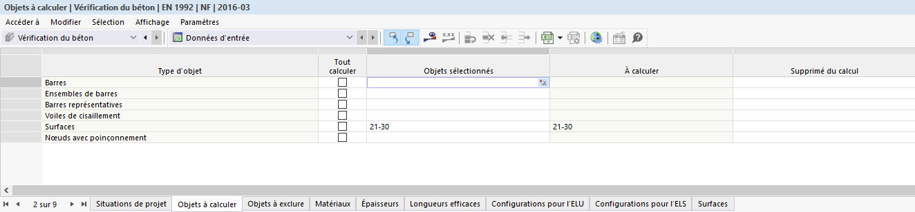 Tableau « Objets à calculer » pour la vérification du béton