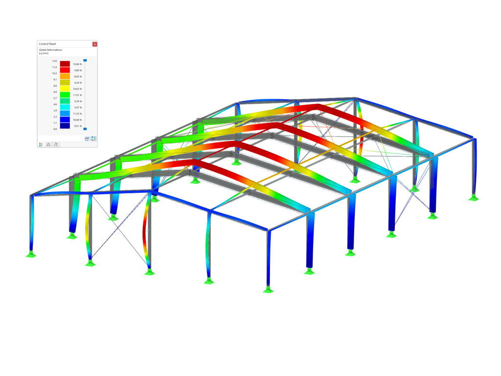 Analyse visuelle montrant la déformation d'une structure de halle en aluminium. Représentation détaillée de la réponse structurelle aux forces.