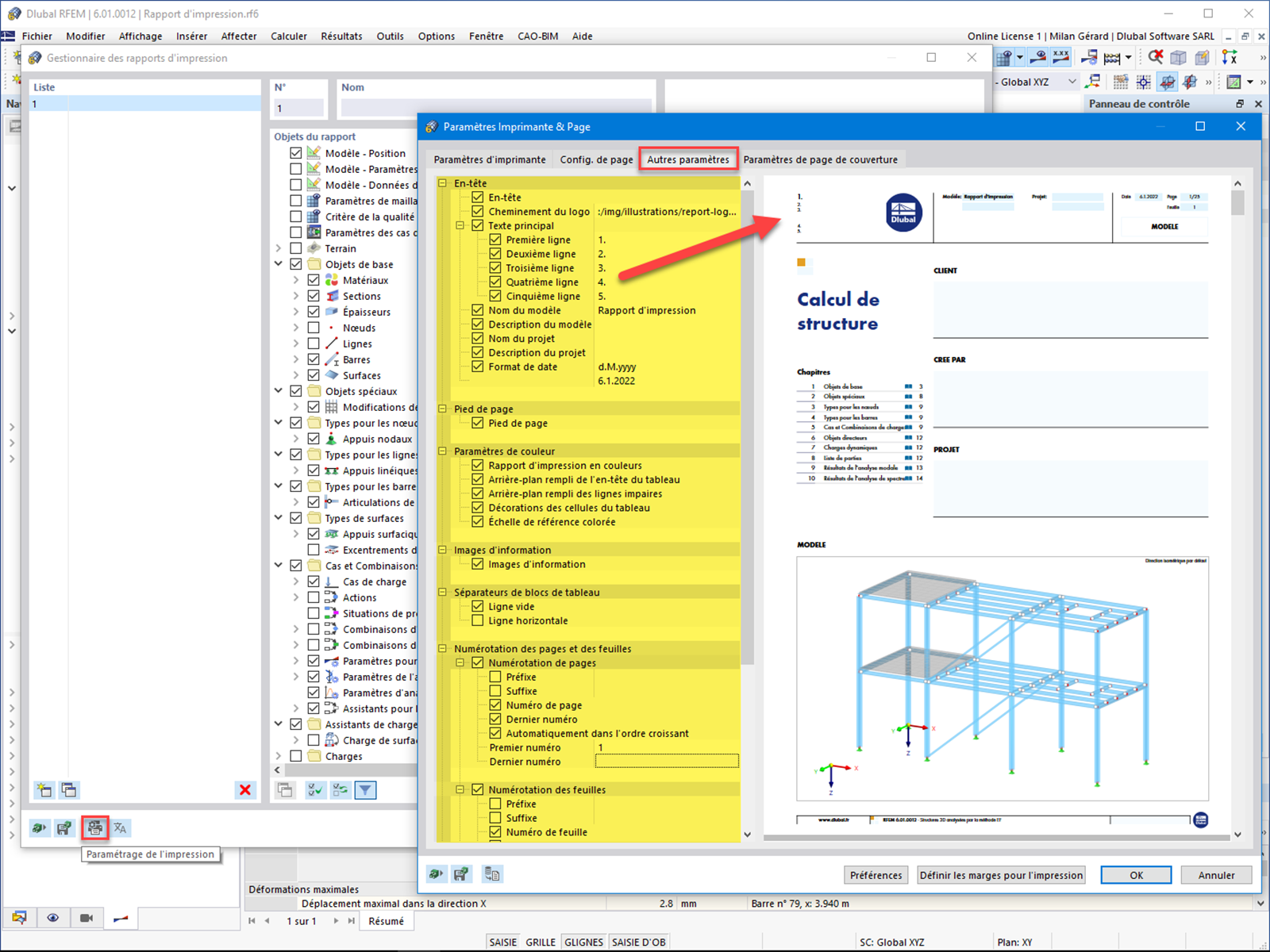 FAQ 005172 | Est-il possible d'ajuster la mise en page (l'en-tête, par exemple) dans le rapport d'impression dans RFEM 6/RSTAB 9 ?