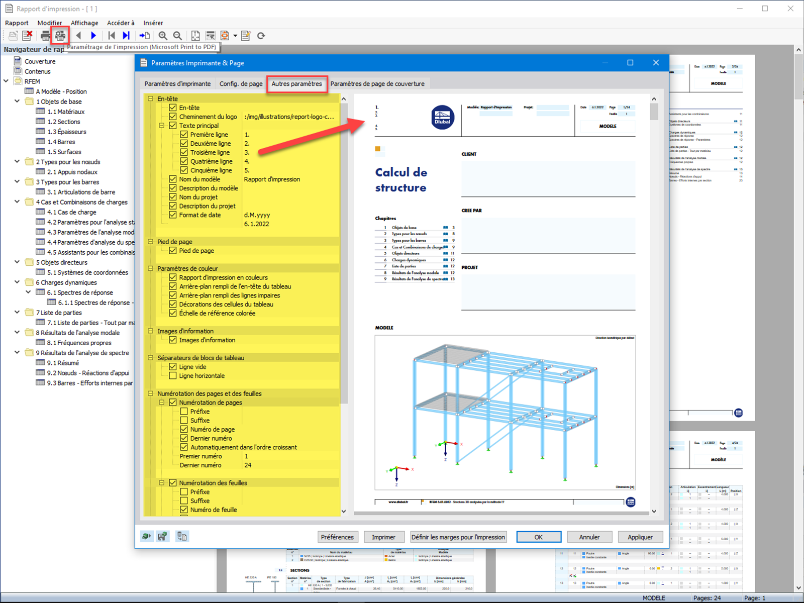 FAQ 005172 | Est-il possible d'ajuster la mise en page (l'en-tête, par exemple) dans le rapport d'impression dans RFEM 6/RSTAB 9 ?