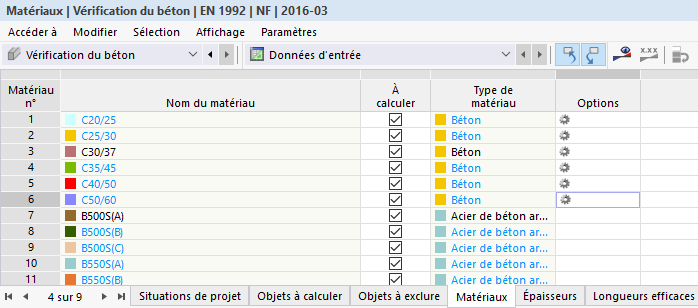 Tableau « Matériaux » pour la vérification du béton