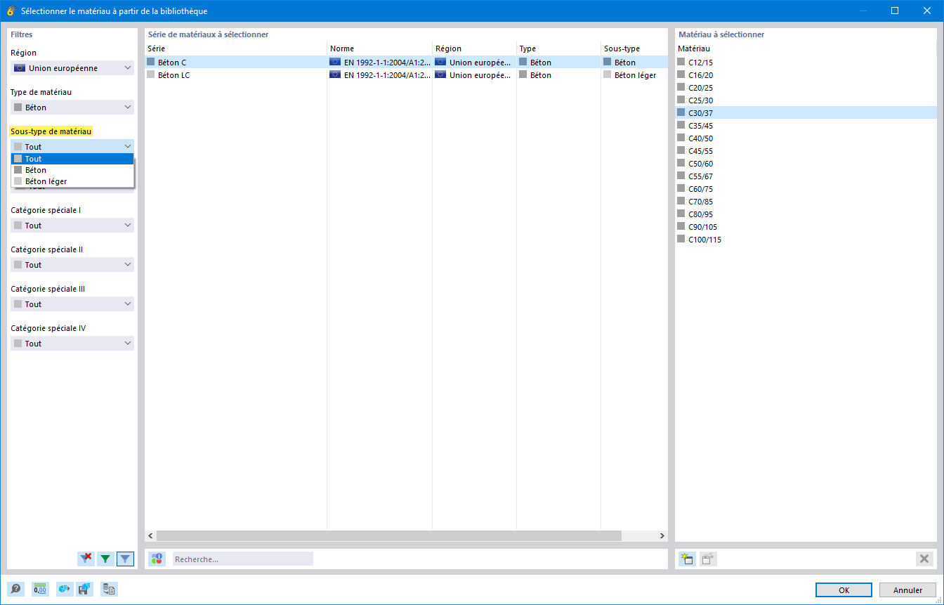 Sous-types de matériaux Béton et Béton léger