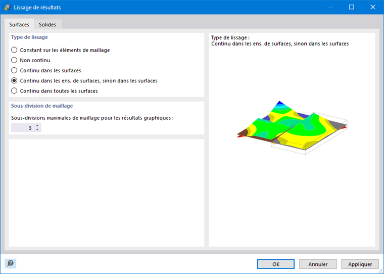 Boîte de dialogue « Lissage des résultats » pour les résultats de surface