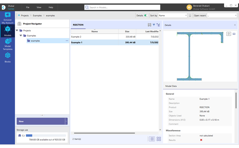 Navigateur de projet dans le Dlubal Center