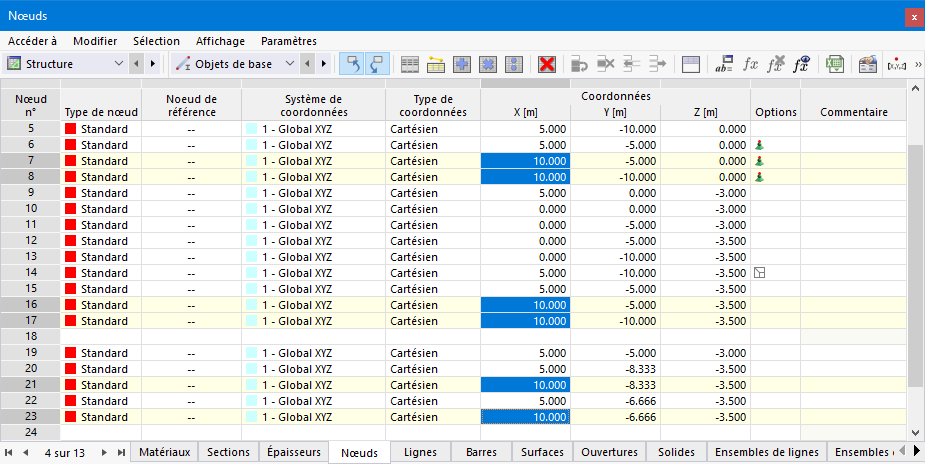 Tableau des « Nœuds » avec les cellules sélectionnées