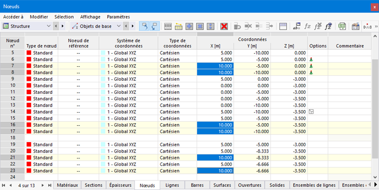 Tableau des « Nœuds » avec les cellules sélectionnées